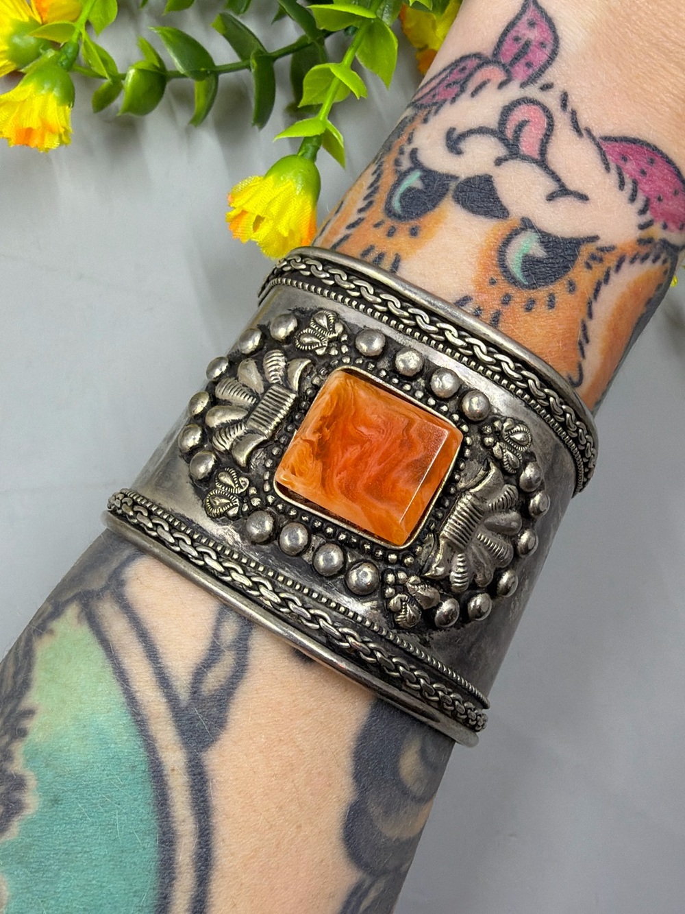 Vintage Silver Plated And Genuine Stone Boho Style Large Cuff Bracelet